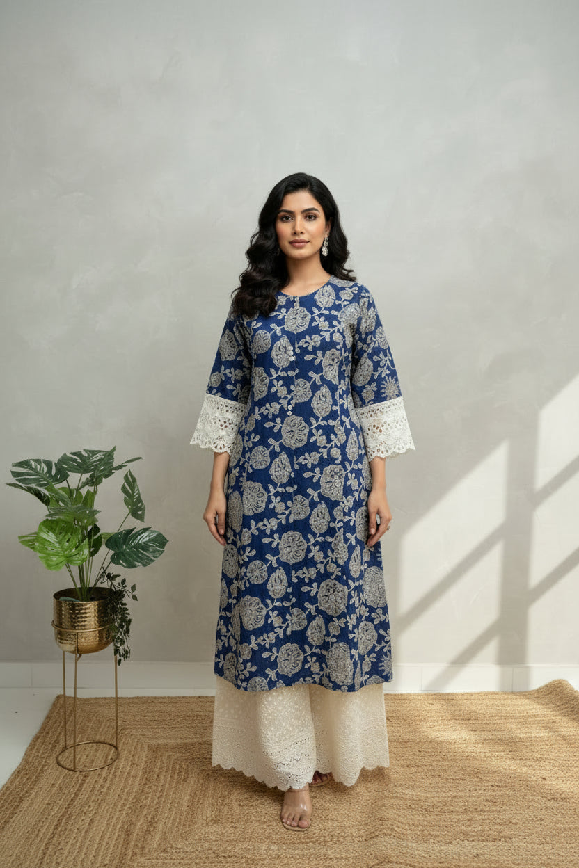 Blue Lenin Cotton Thread Embroidery Airline 1 pc Kurtha 372