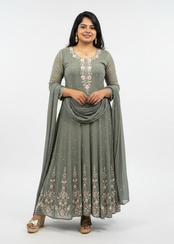 Grey Anarkali Chinnon Hand Embroidery Kurtha 567