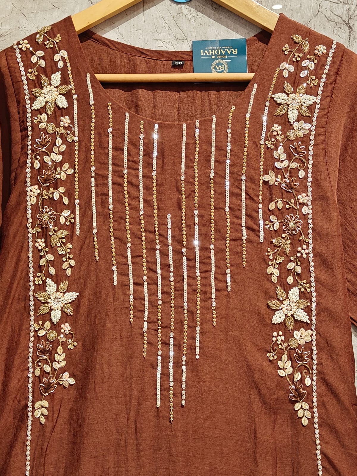Coffee Brown Mul Chanderi Silk Airline Handwork Kurtha 434 Set