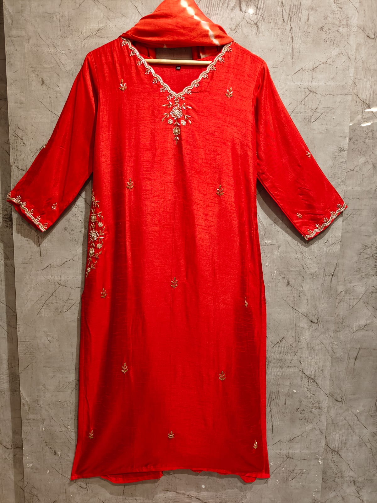 Red Dola silk Kurtha with pure modal silk Dupatta