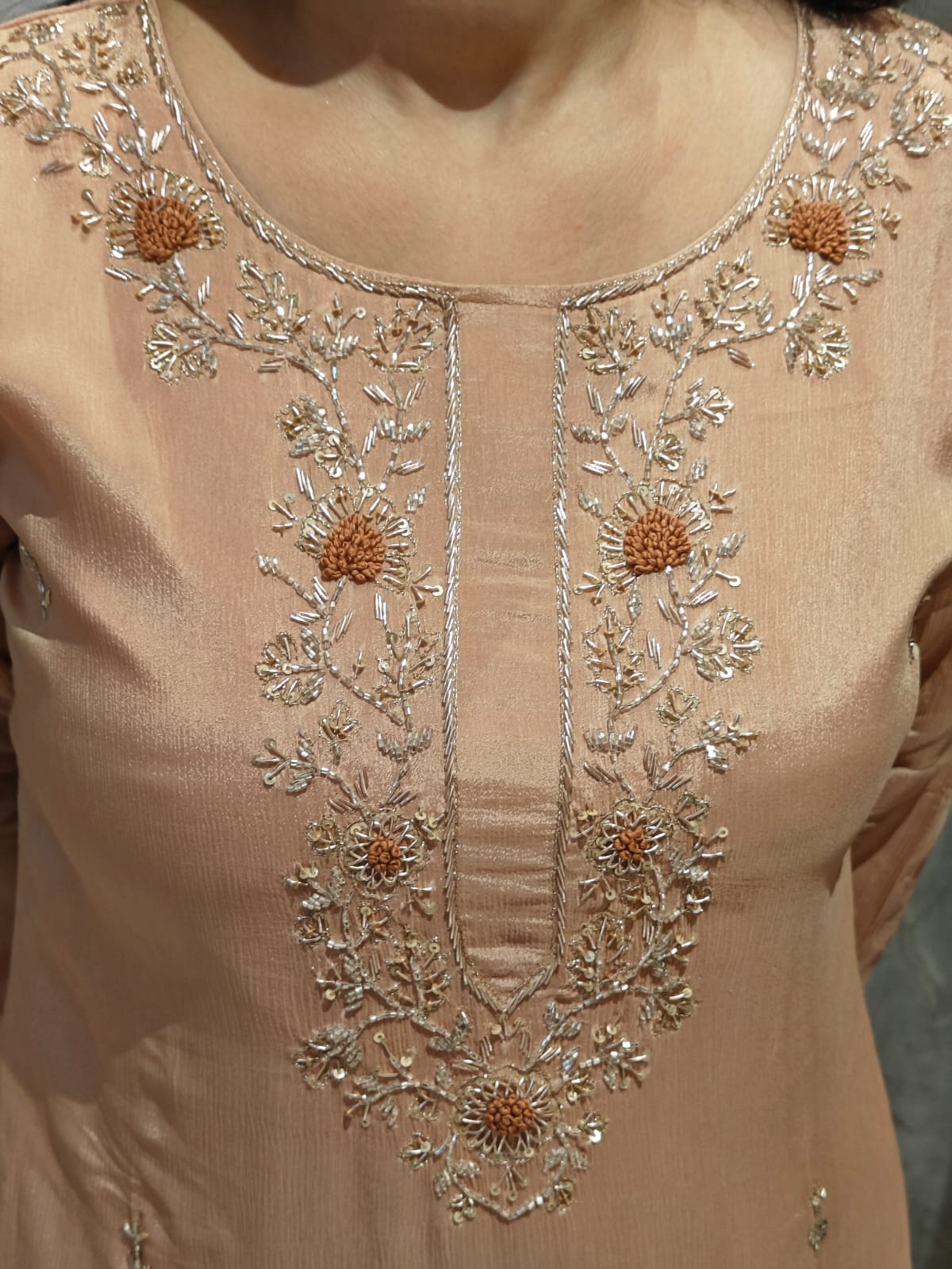 Peach Chinnon Hand Embroidery Straight Fit Kurtha 904