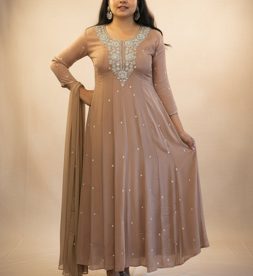 Beige Anarkali Chinnon Hand Embroidery Kurtha 567