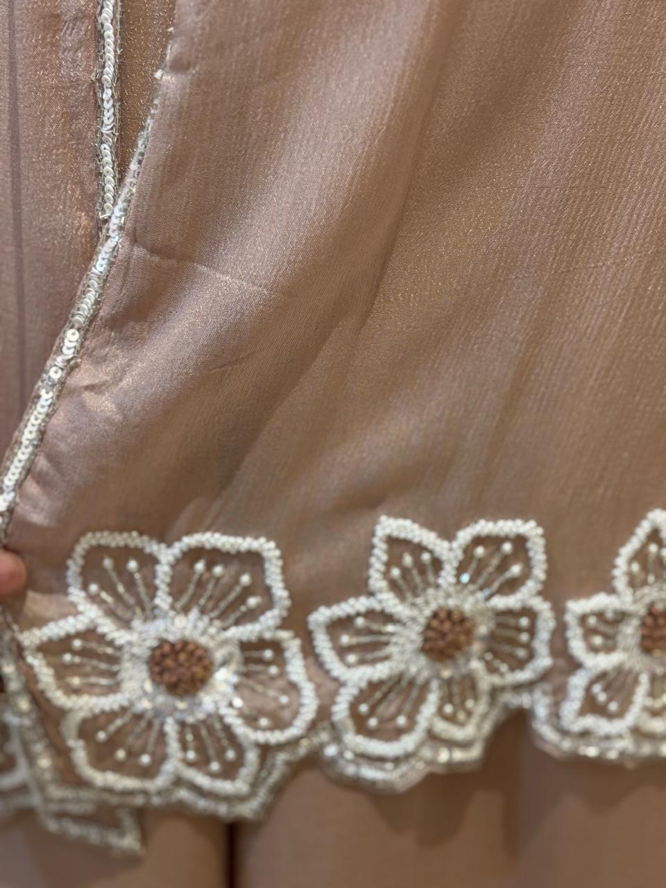 “Pari" Mof Peach Designer Kurtha 43 Set with Handwork Top, Palazoo and Jacket Indo-western cape