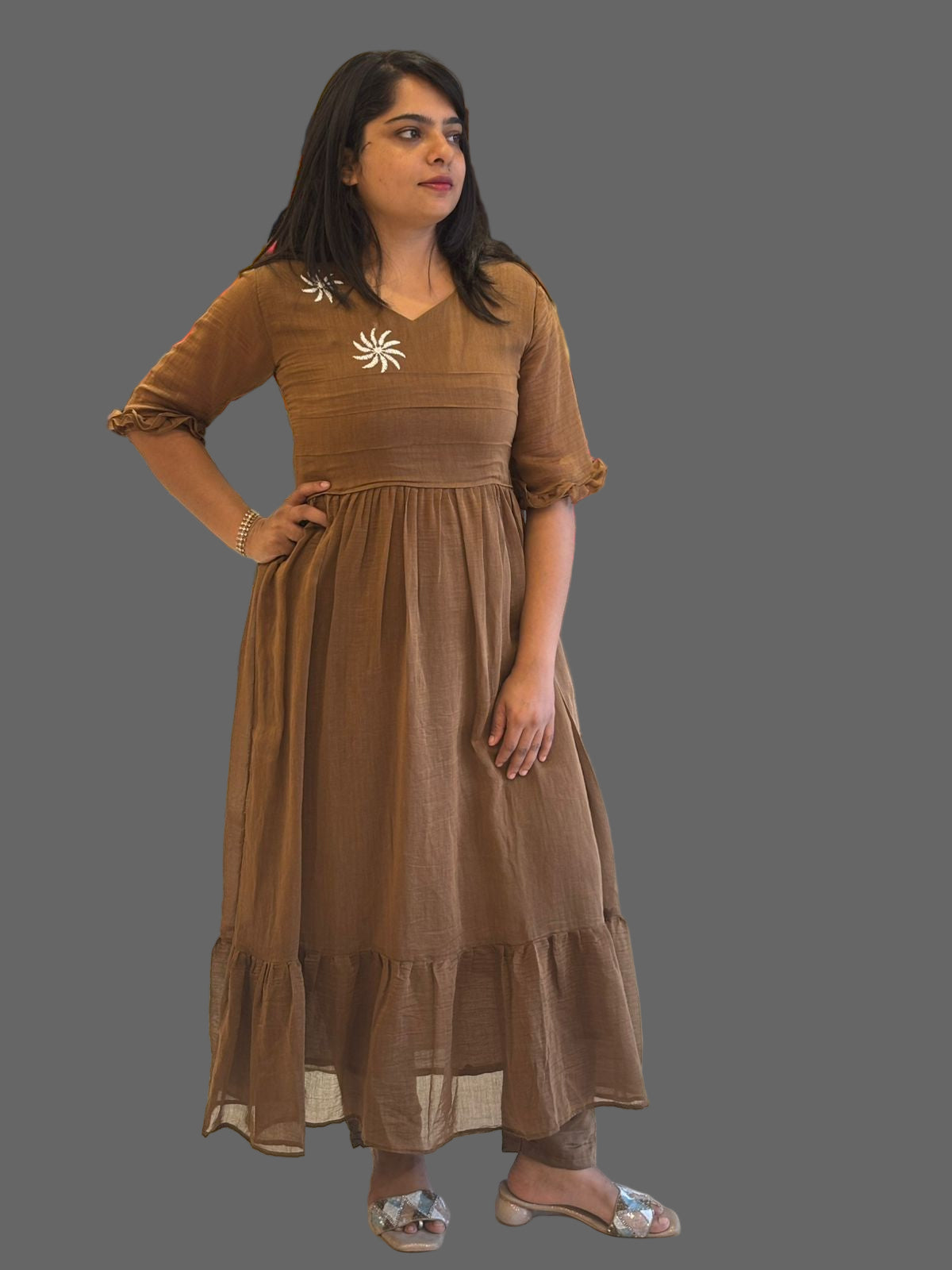 Brown Mul Chanderi Airline Cord Set