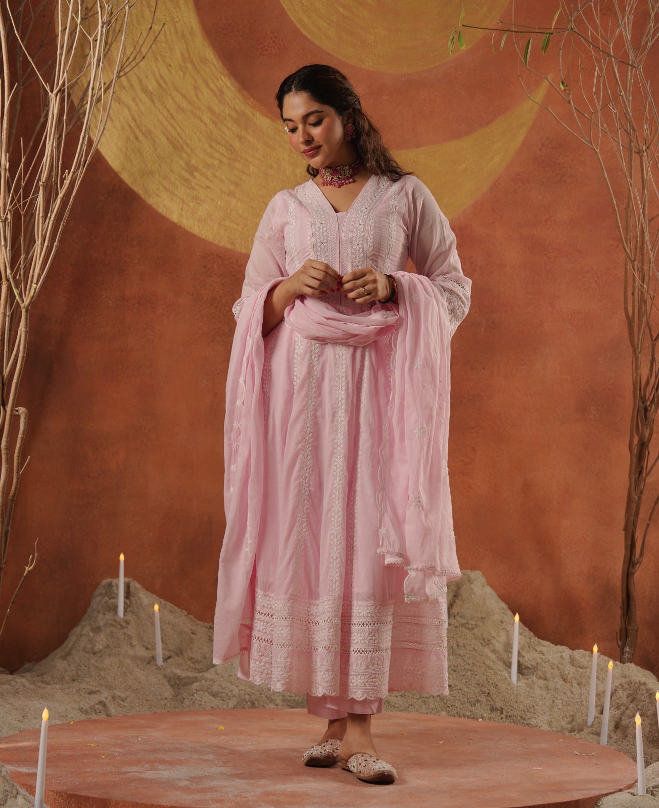 Pink Cotton Hakkoba Work Anarkali Kurtha 459