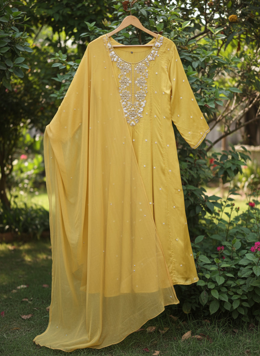 Yellow Anarkali Chinnon Hand Embroidery Kurtha 567