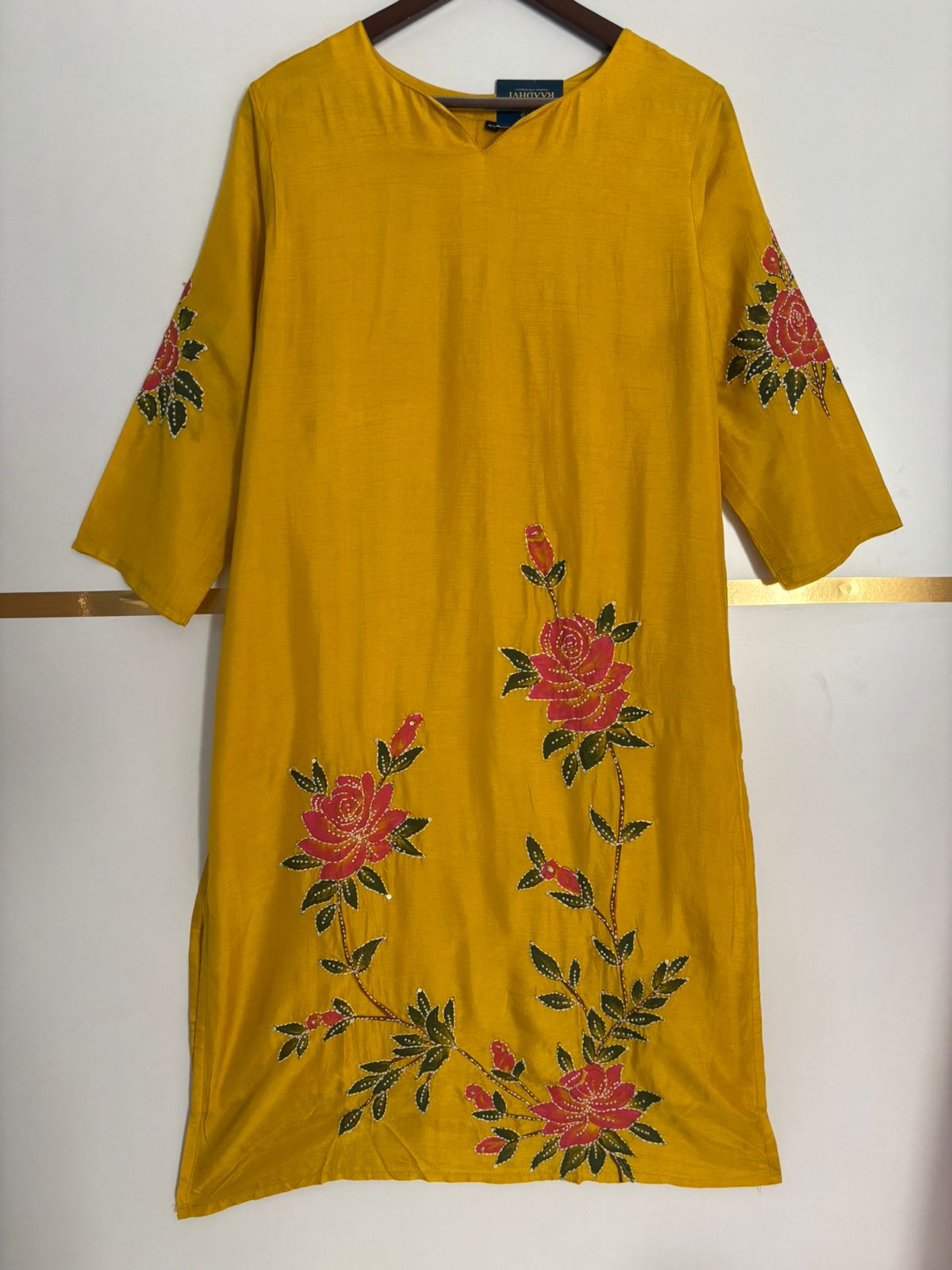 Yellow Dola Silk Thread Embroidery Airline Kurtha 483