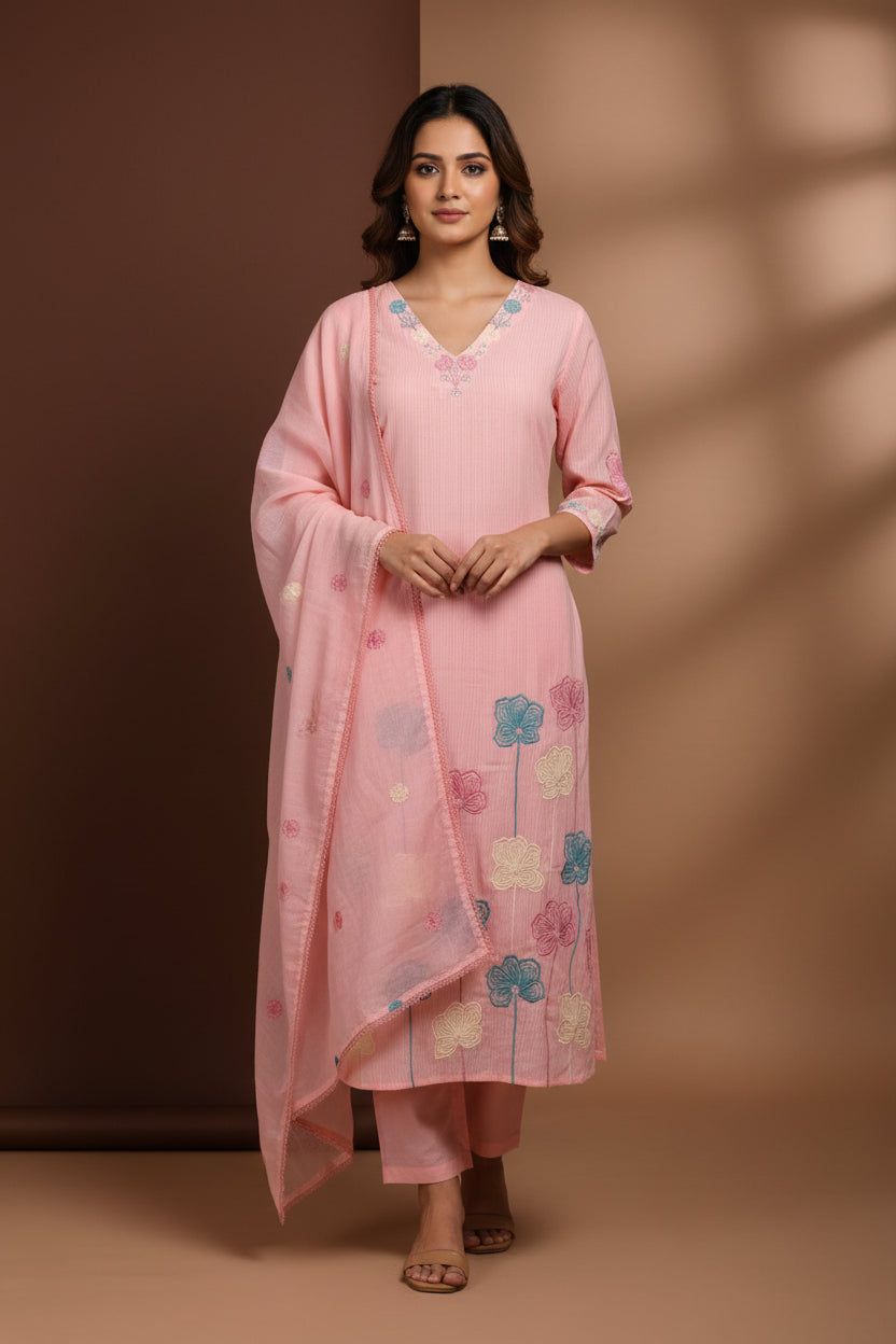 Pink Mul Cotton Hand Embroidery Airline Kurtha 203