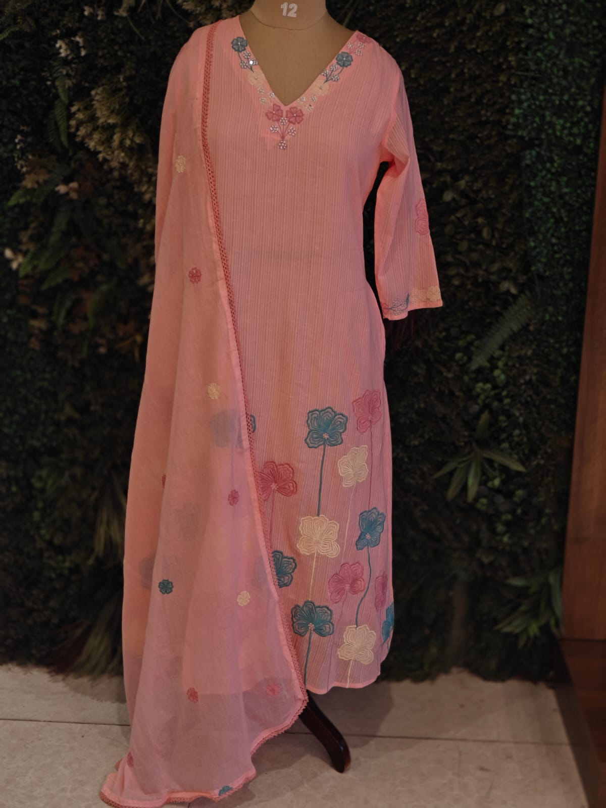 Pink Mul Cotton Hand Embroidery Airline Kurtha 203