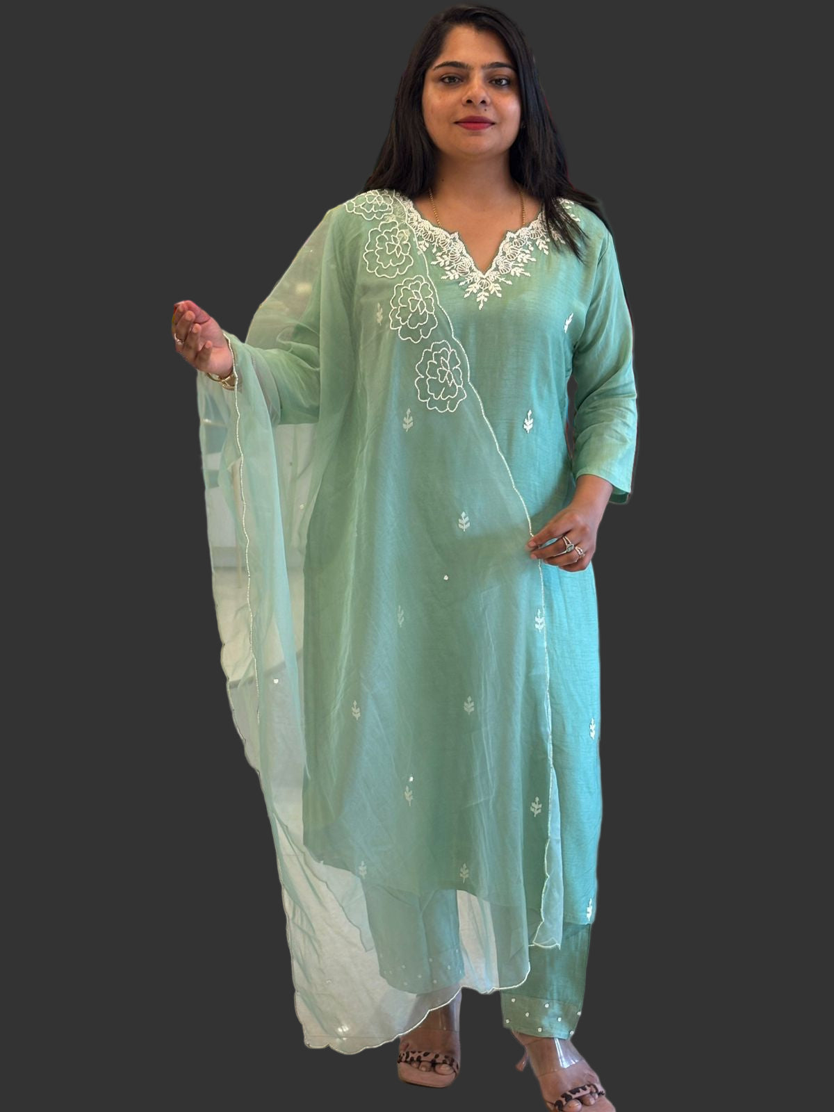Pista Green Pearl Handwork Dola silk Kurtha 811