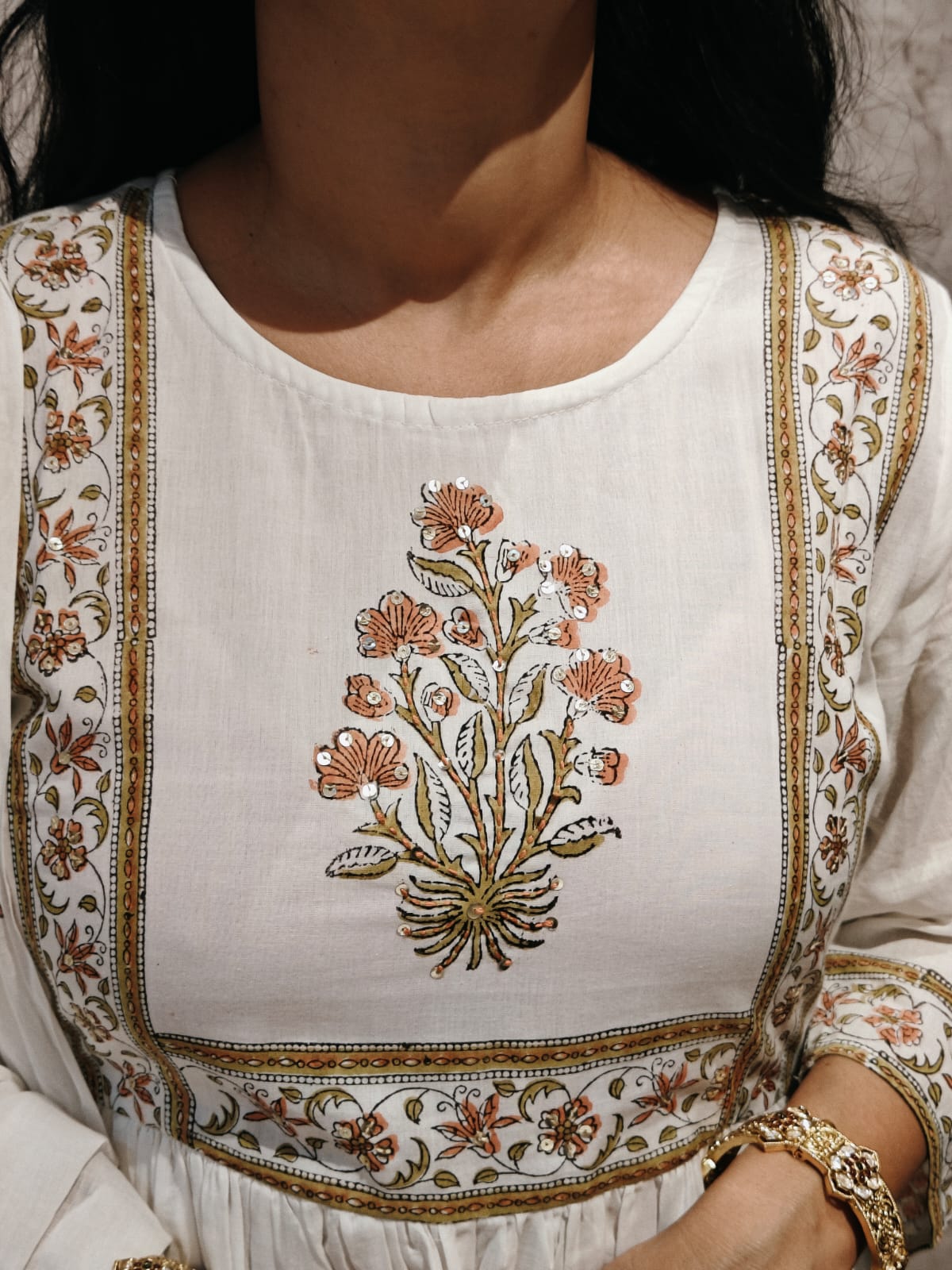 White Mul Cotton Block Print Anarkali Kurtha 98