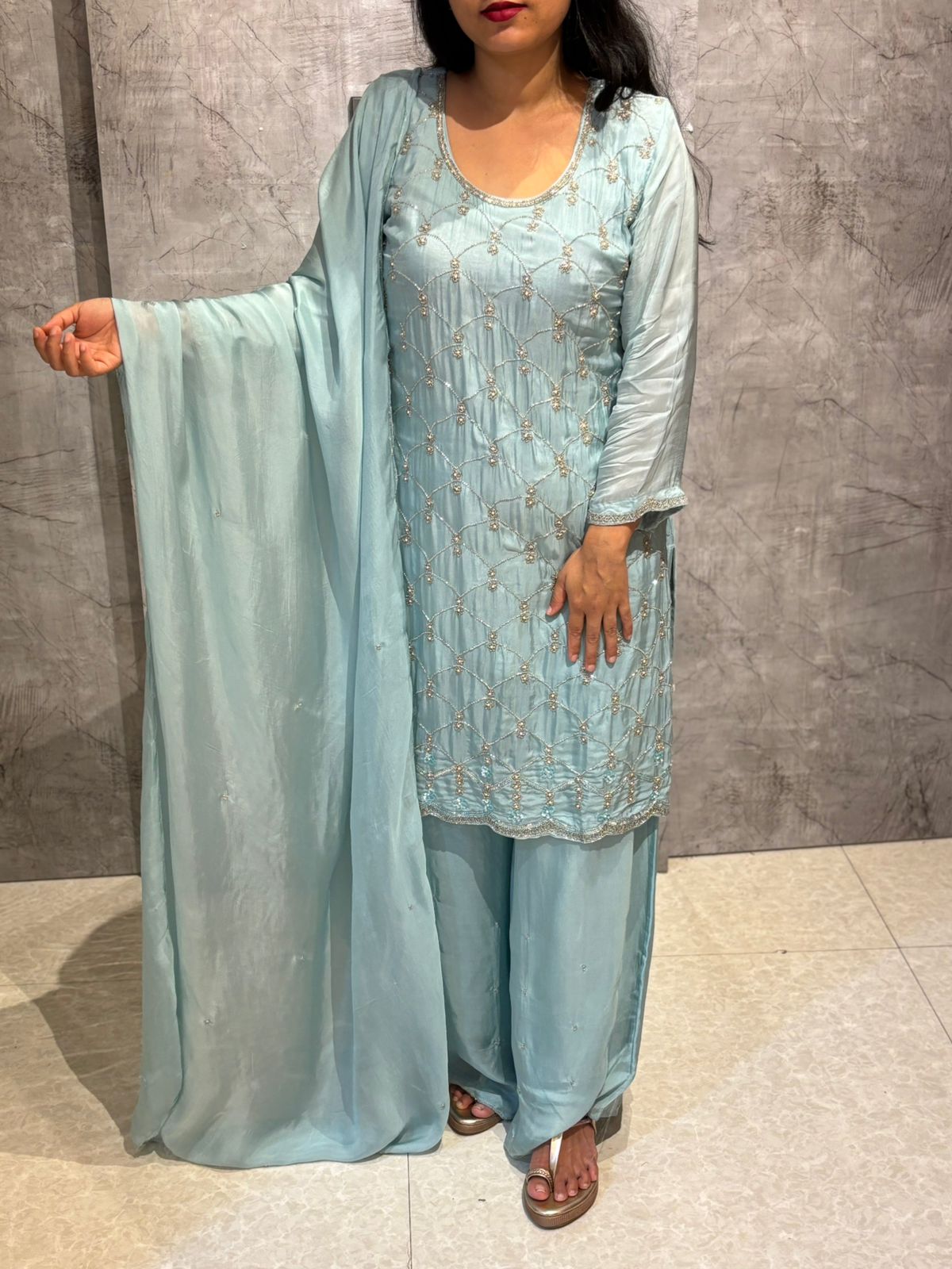 "Boomi" Sky blue Designer Handwork Sharara party Kurtha set
