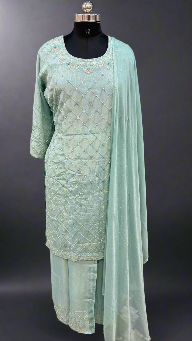 "PARI" Blue  Designer Kurtha Set with Handwork and Palzoo Pant \