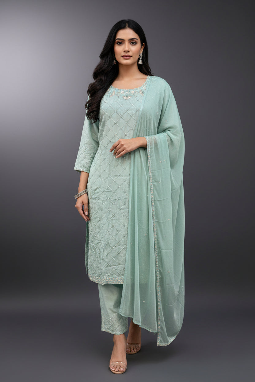 "PARI" Blue  Designer Kurtha Set with Handwork and Palzoo Pant \