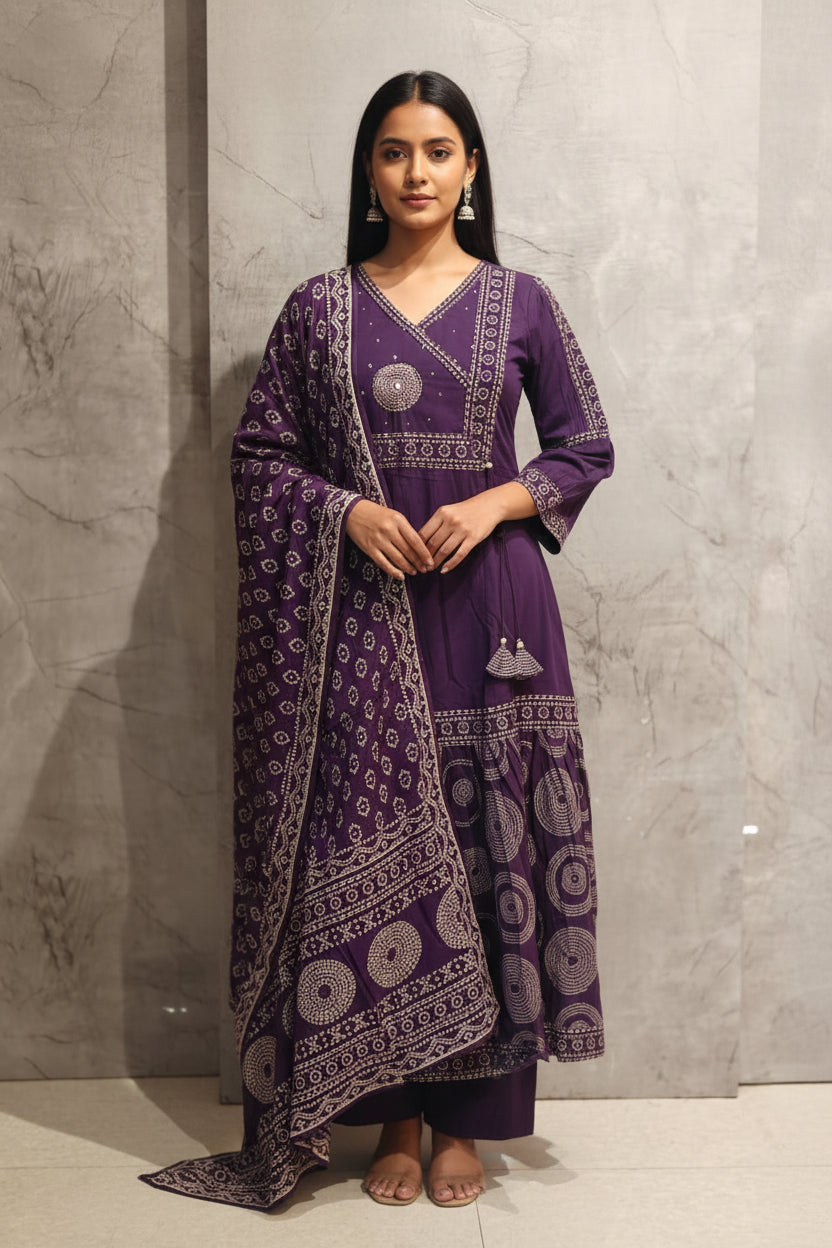 Purple Cotton Anarkali Block Print Kurtha  41