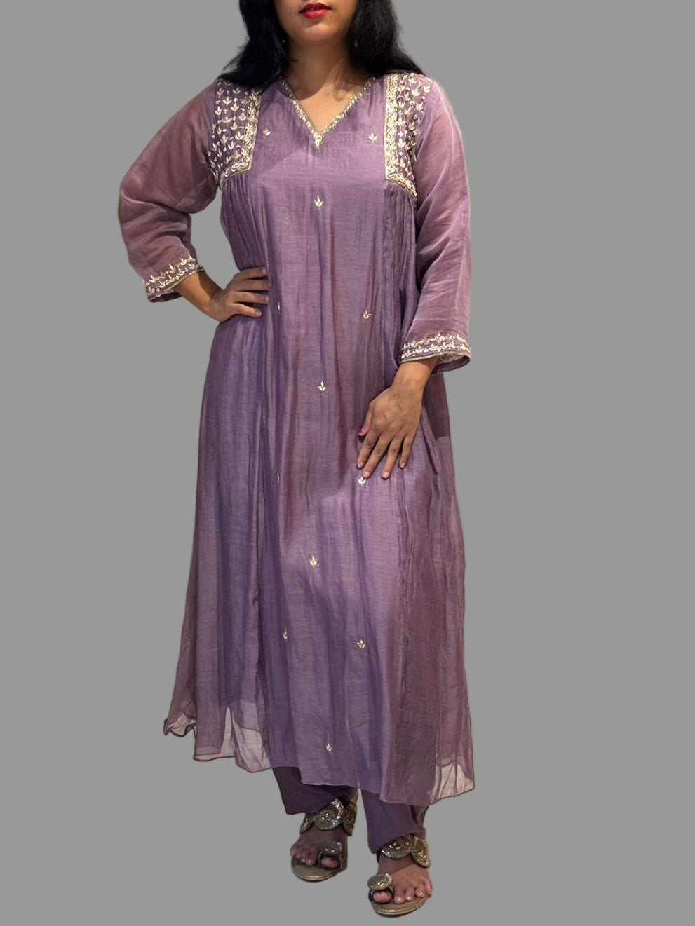 Lilac Mul Chanderi Hand Embroidery Airline Kurtha 666