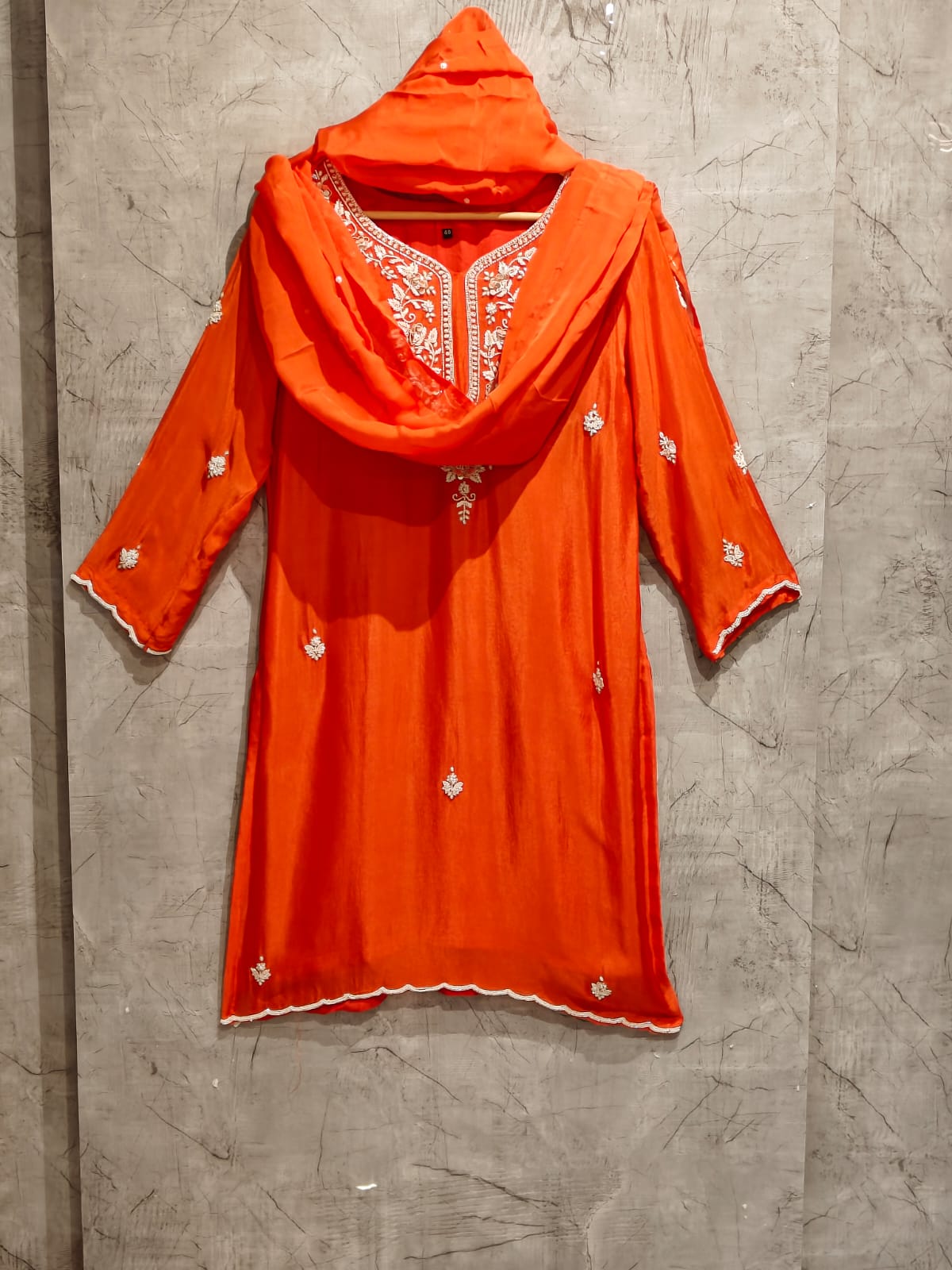 “Pari" Orange chinnon handwork party ware Kurtha set