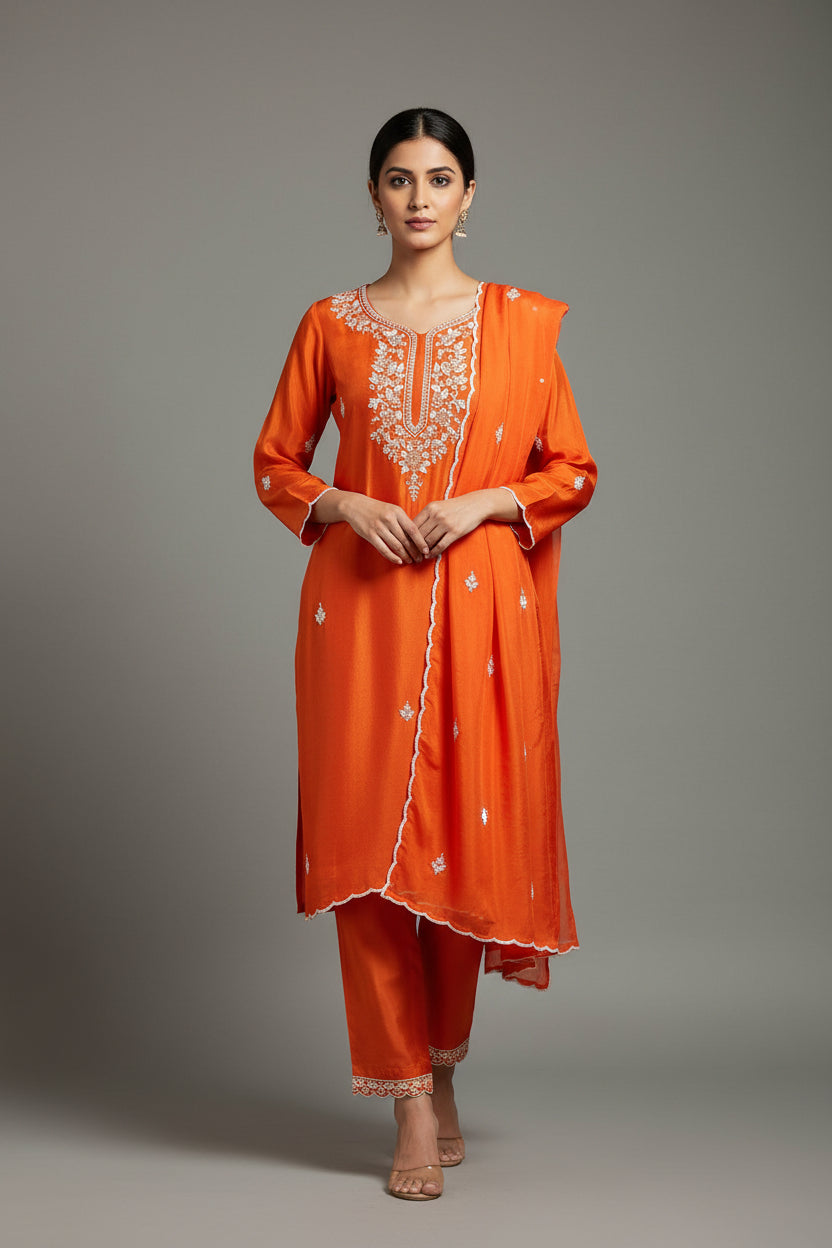 “Pari" Orange chinnon handwork party ware Kurtha set