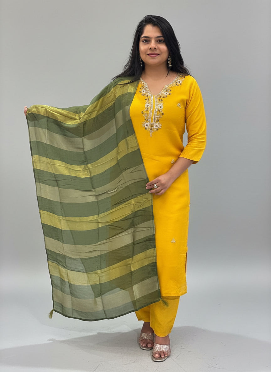 Yellow Dola Silk Handwork Straight Fit Kurtha 39