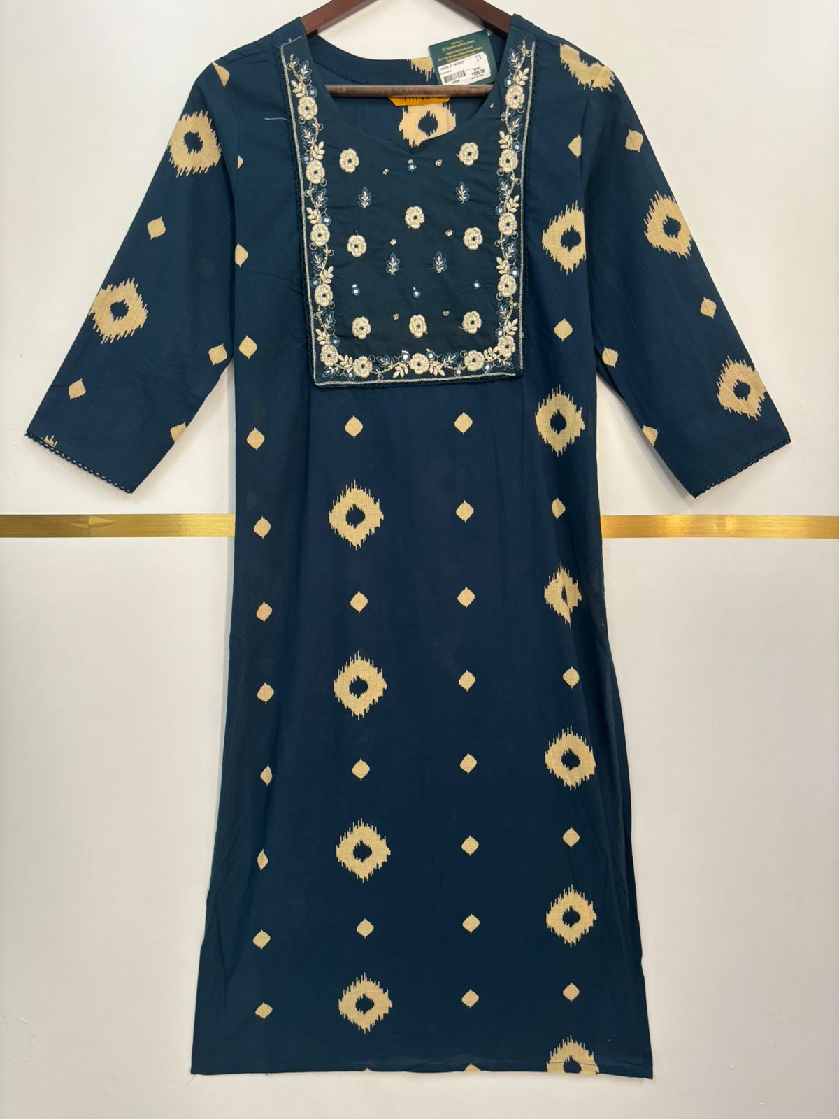 Peacock Blue Cotton Block Print Straight Fit Kurtha