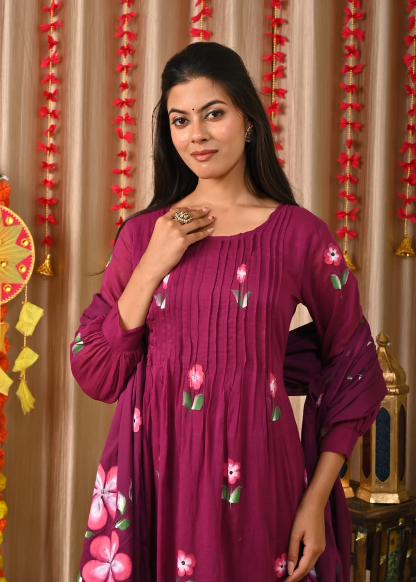 Magenta Pink Hand Painted Mul Cotton Airline Kurtha 517