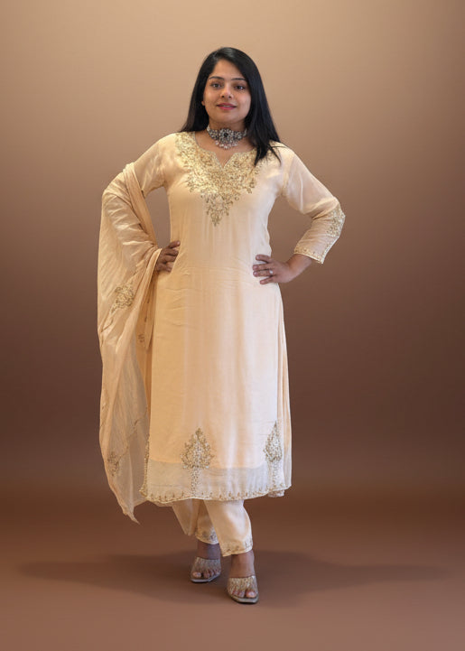Cream Chinnon Hand Embroidery Airline Kurtha 673