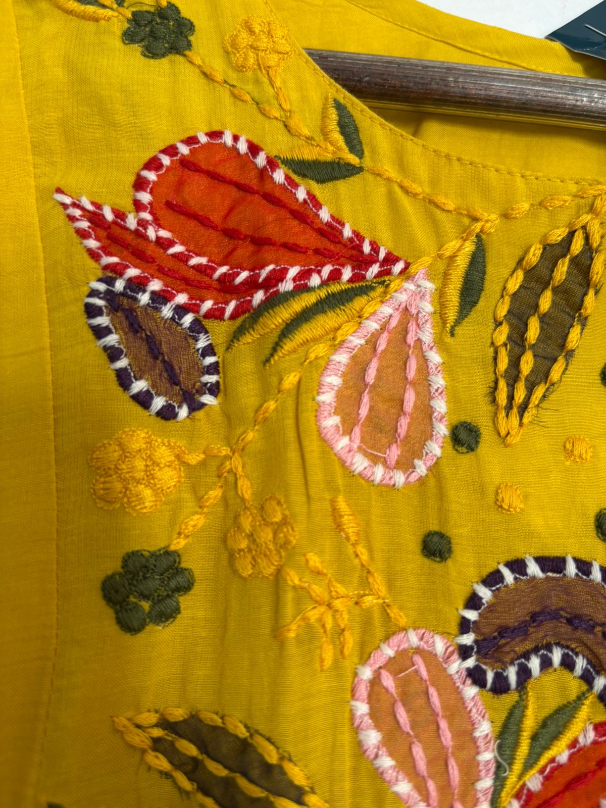Yellow Mul Chanderi Thread Embroidery Airline Kurtha 483