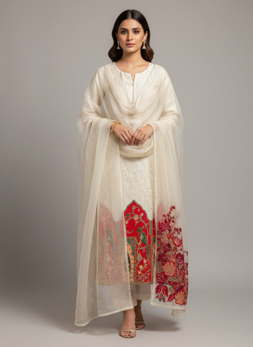 White Shimer Hand Embroidery Straight Fit Kurtha 765