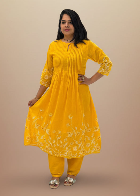 Yellow Cotton Hand Embroidery Cord Set Kurtha 487