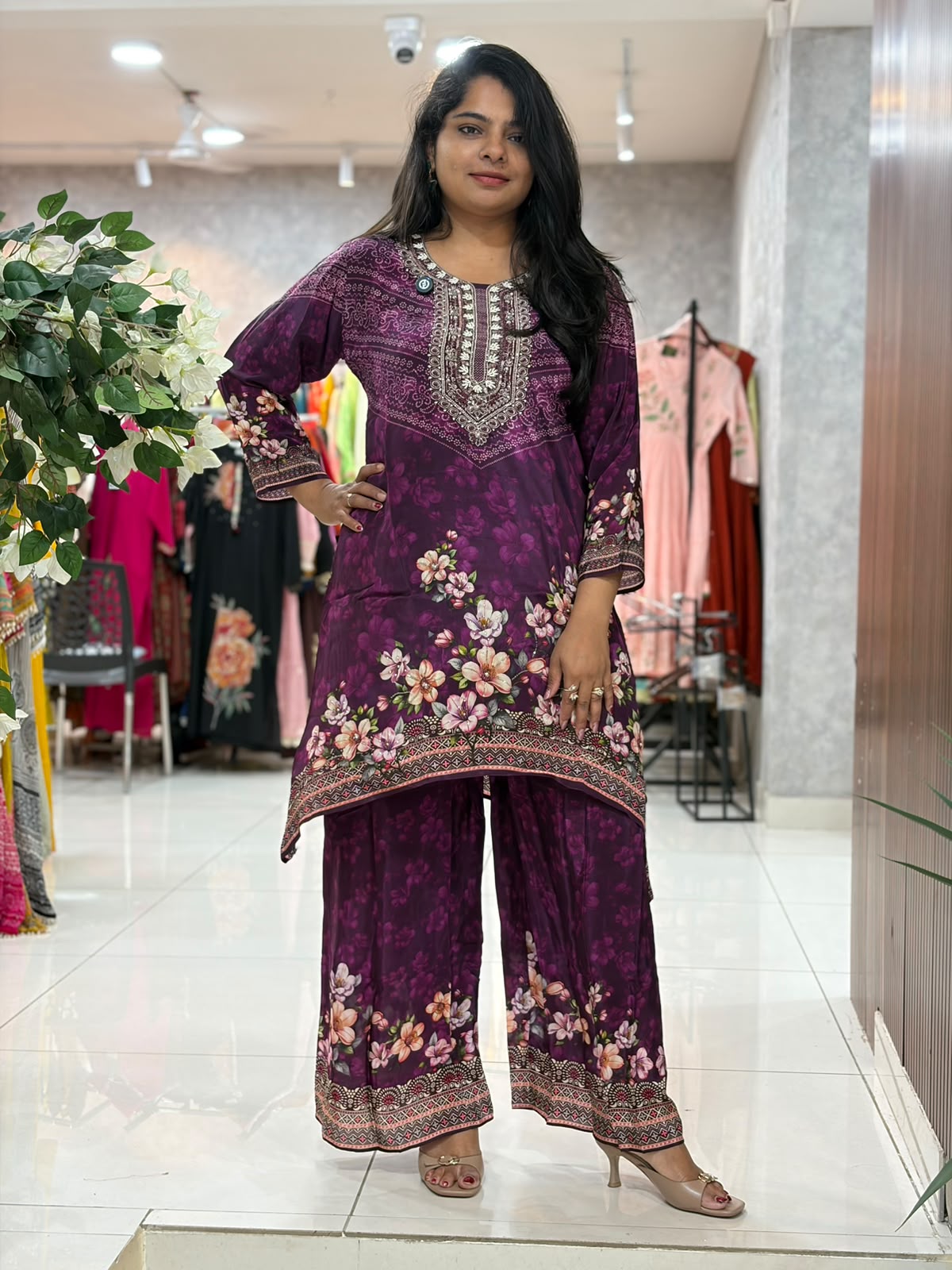Purple Crepe Digital print and Thread Embroidery Cord Set Kurtha 114