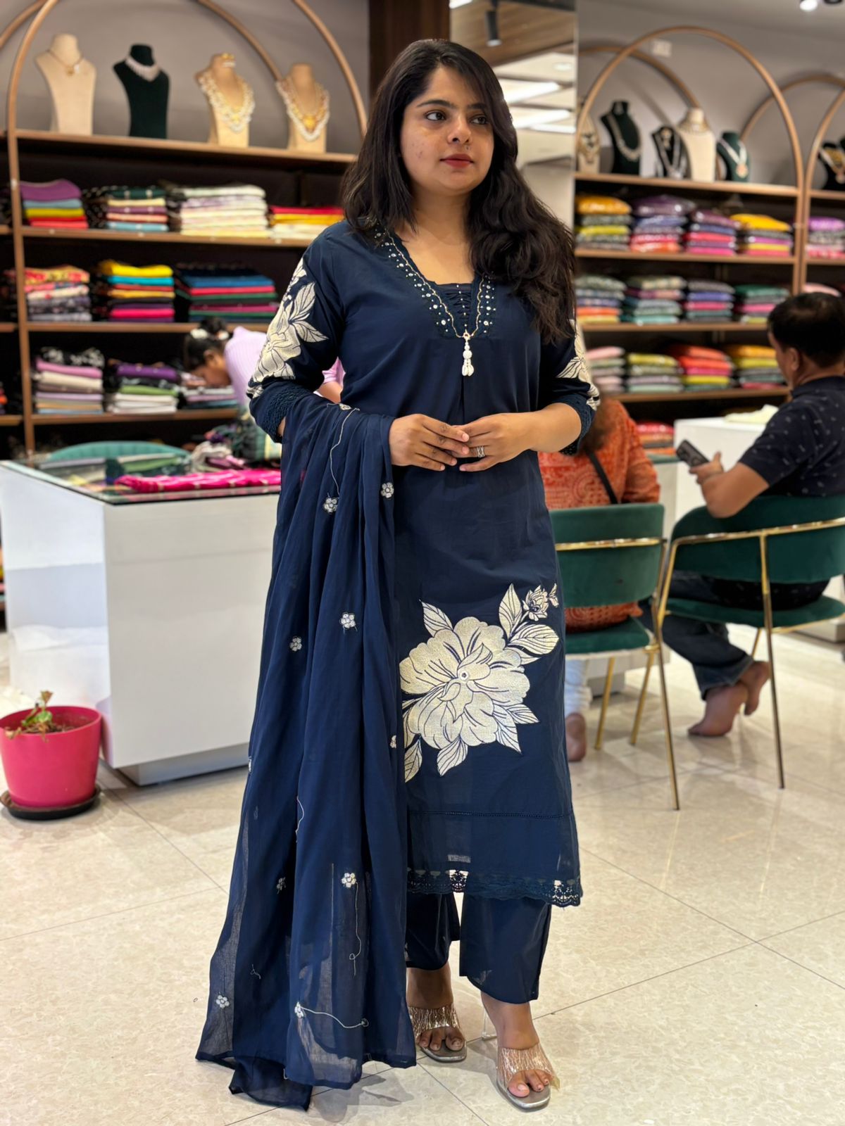 Navy Blue Cotton Hand Embroidery Straight Fit Kurtha 597