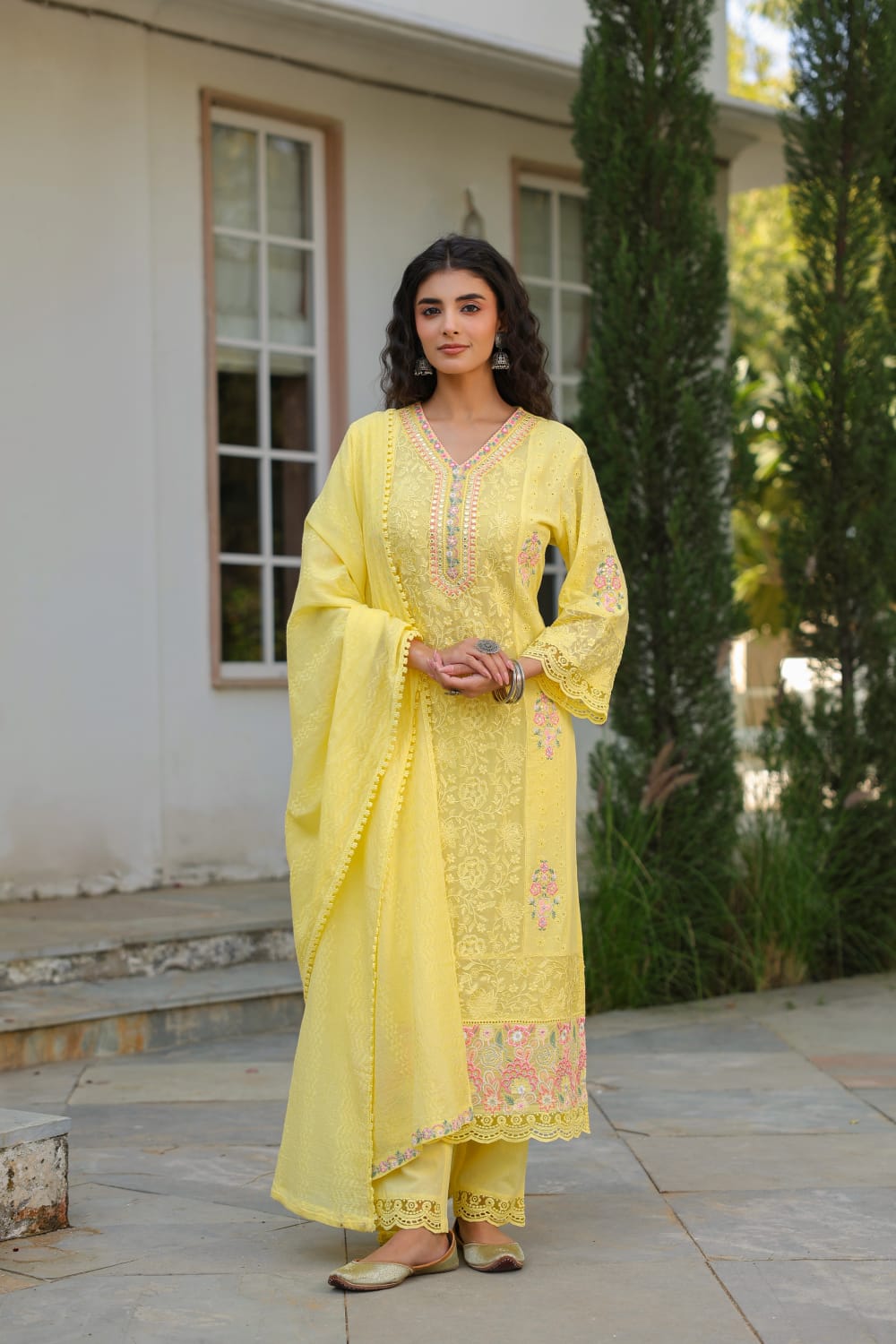Lemon Yellow Cotton designer Hacoba  Work Straight Fit Kurtha