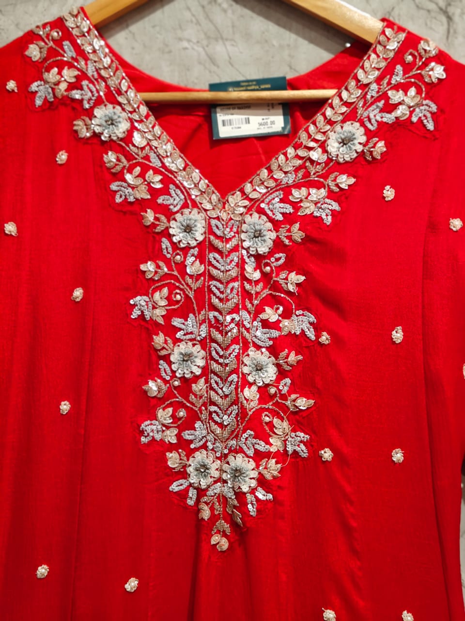 Red Anarkali Chinnon Hand Embroidery Kurtha 567