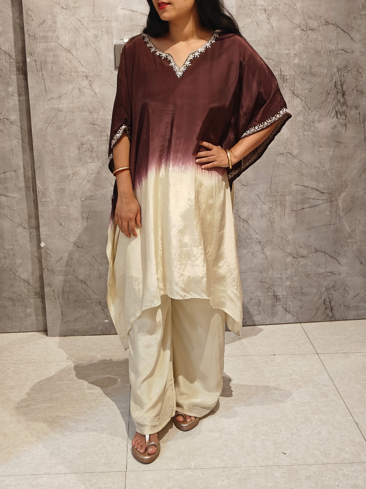 "Kafthan " Brown And Cream Kafthan handwork party ware Kurtha set