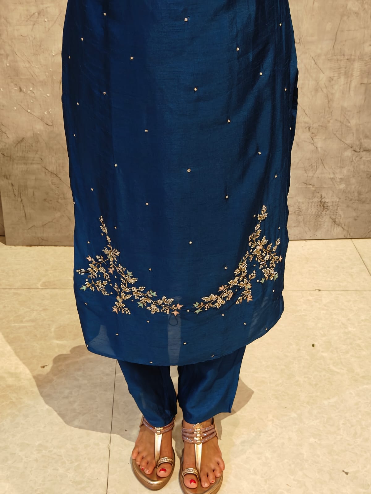 Dark Blue Dola Silk Hand Embroidery Straight Fit Kurtha 543