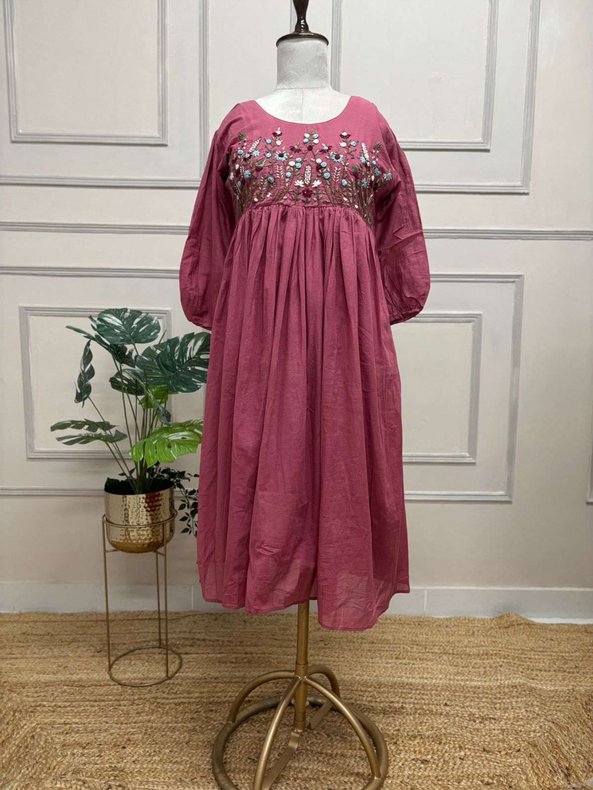 Onion Pink Mul Chandheri Thread Embroidery Frocks Kurtha 372