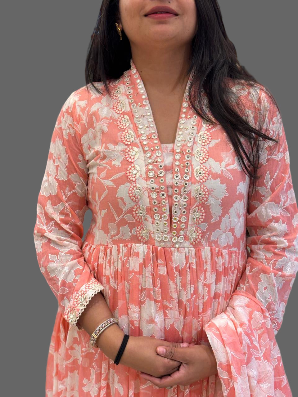 “Naya” Pink Mul Cotton 3pcs Kurtha suit with block prints and embroidery 242