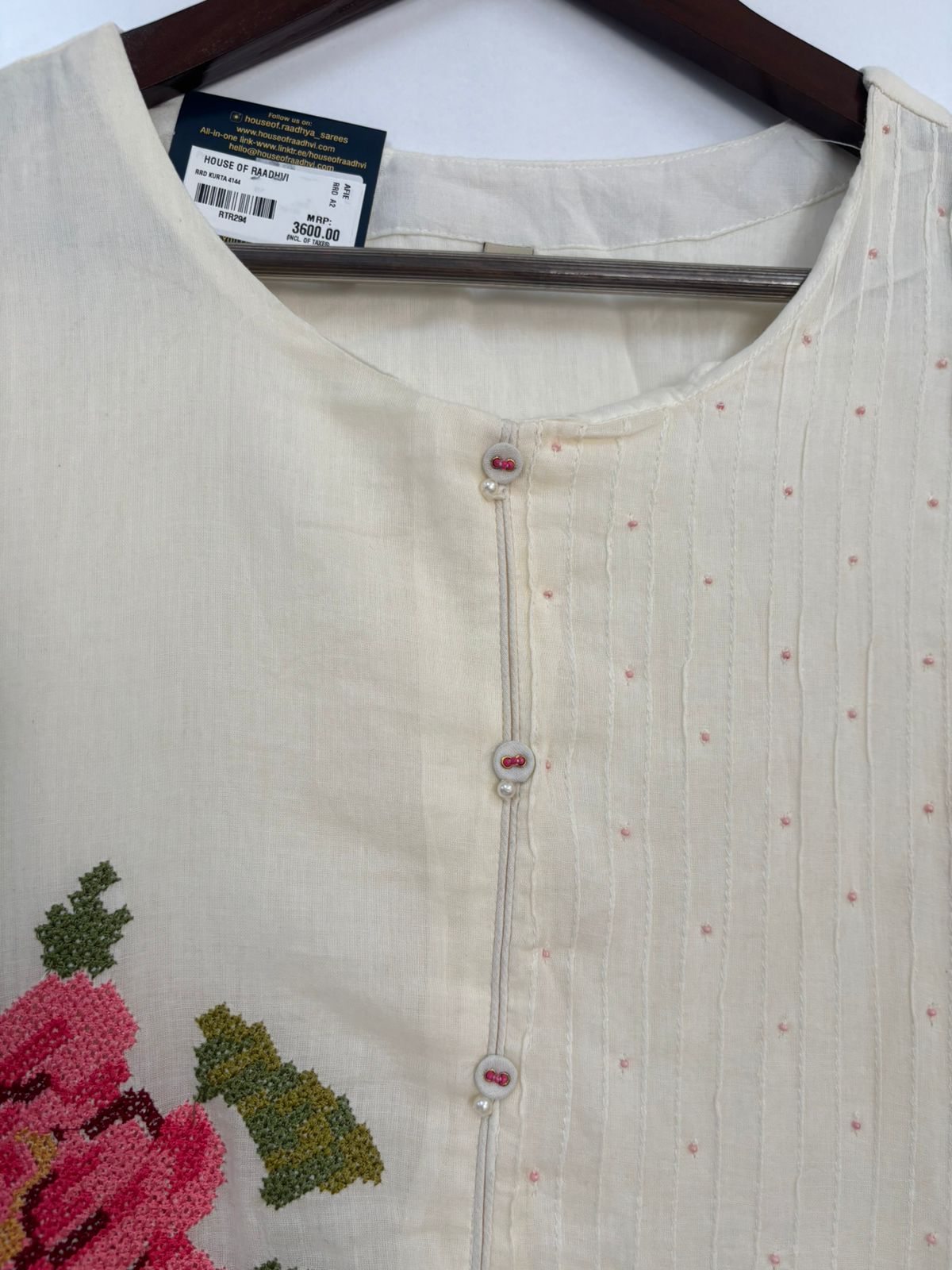 White Cotton Hand Embroidery Airline Kurtha