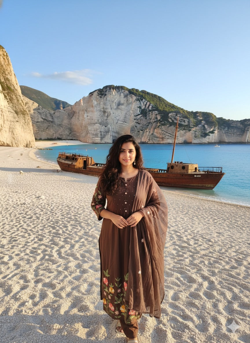 Brown Mul Cotton Thread Embroidery Airline Kurtha 347