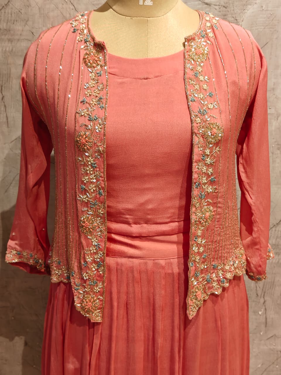 “Pari" Pink Designer Kurtha 43 Set with Handwork Top, Skirt and Jacket Indo-western