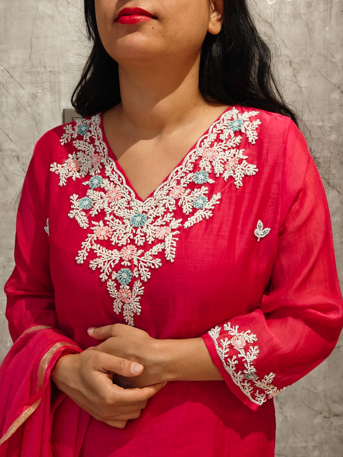 “Pani" Pink Mul Chanderi silk Kurtha with Handwork Embroidery