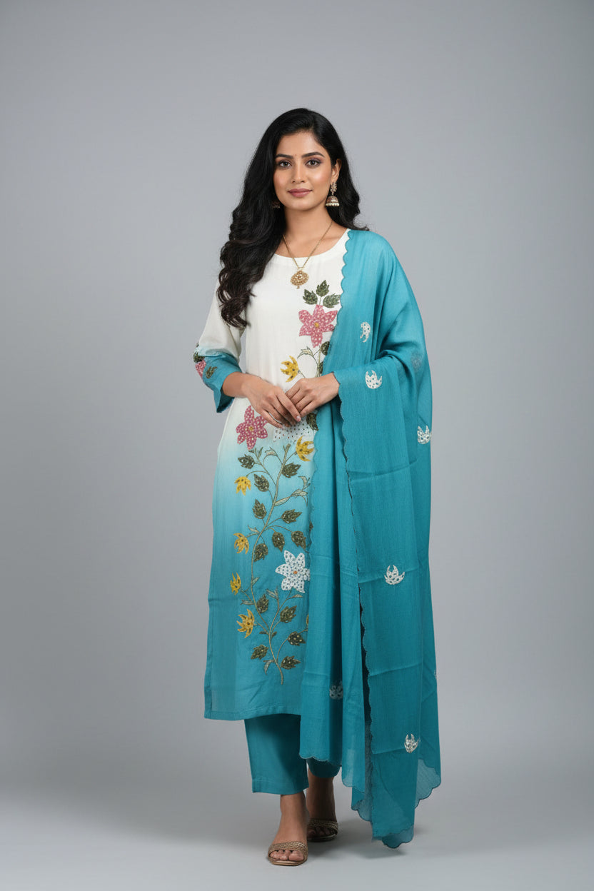 White and Blue Dola Thread Embroiedry Straight Fit Kurtha 431