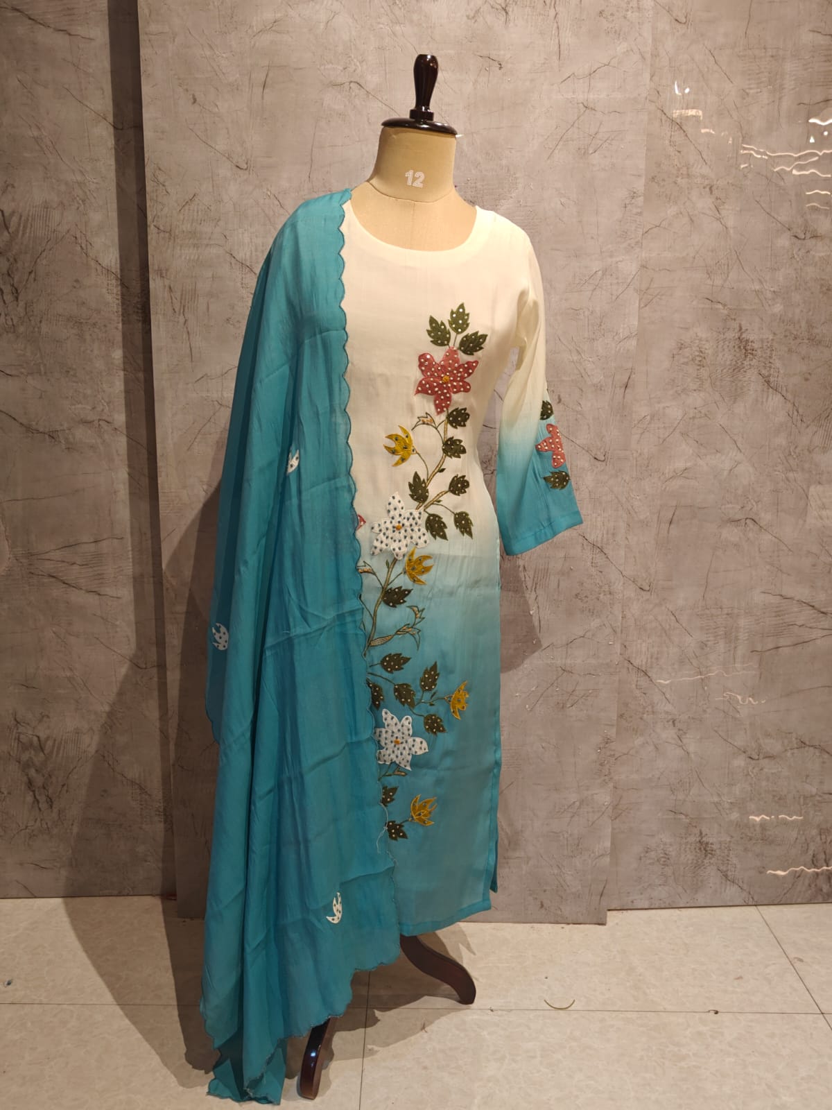 White and Blue Dola Thread Embroiedry Straight Fit Kurtha 431