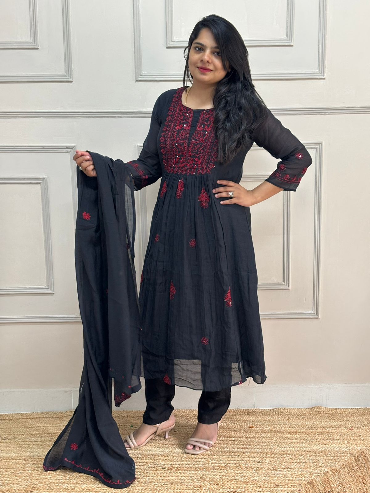 Black Mul Chanderi Hand Embroidery Airline Kurtha 935