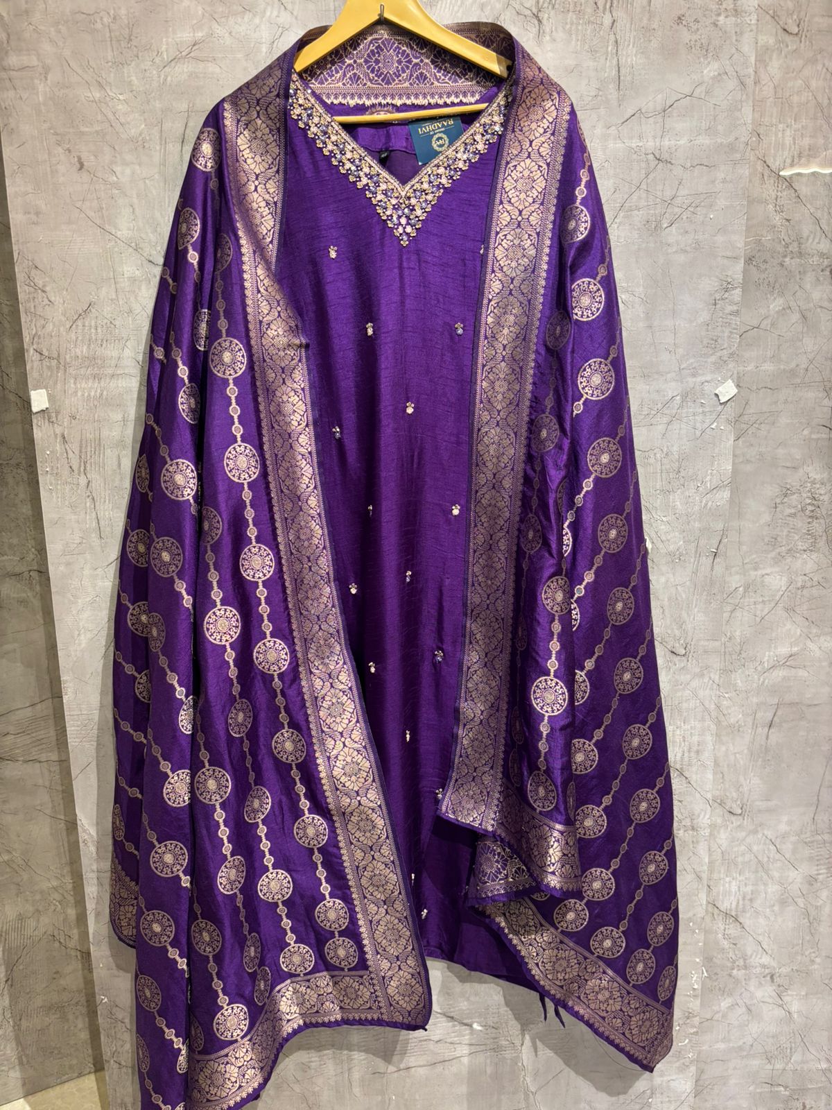 Purple  Dola Silk Kurtha 66 Hand Embroidery  with Banarasi Dupatta