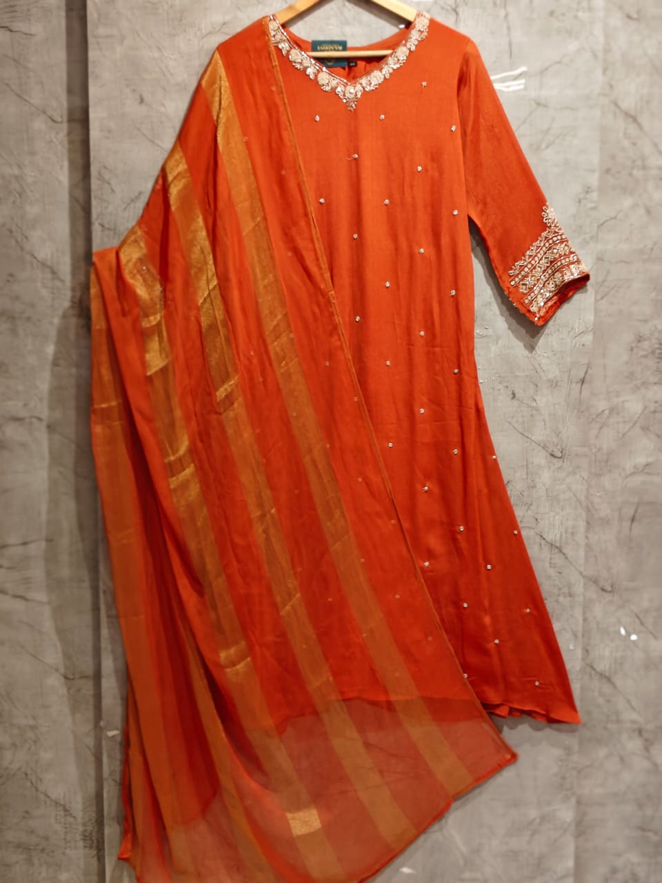 Orange Anarkali Chinnon Hand Embroidery Kurtha 16