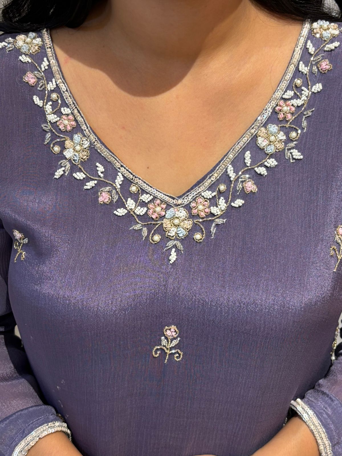 "Boomi" Dark Lavender Designer Hand Embroidery Sharara party Kurtha set