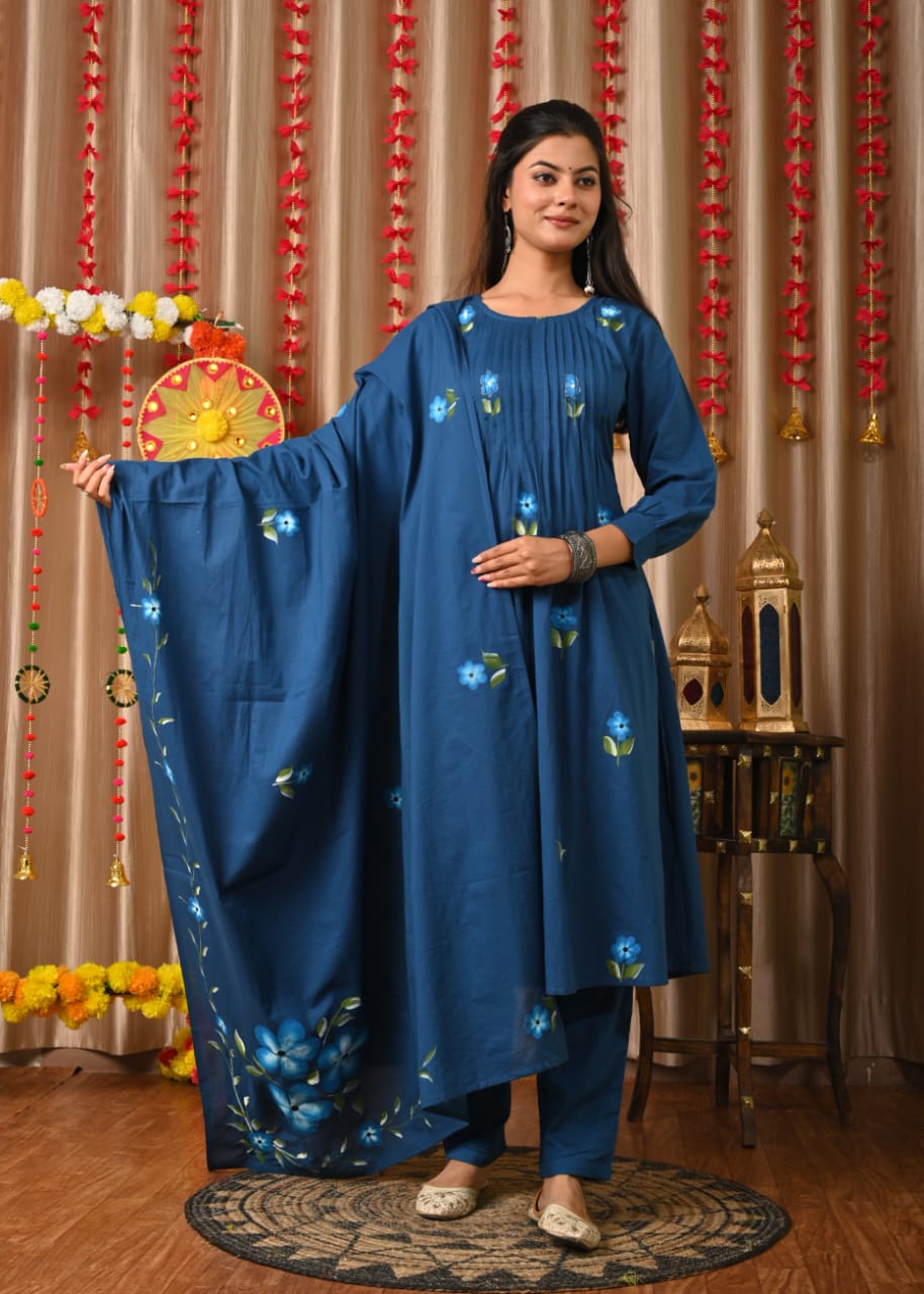 Blue Hand Painted Mul Cotton Airline Kurtha 517