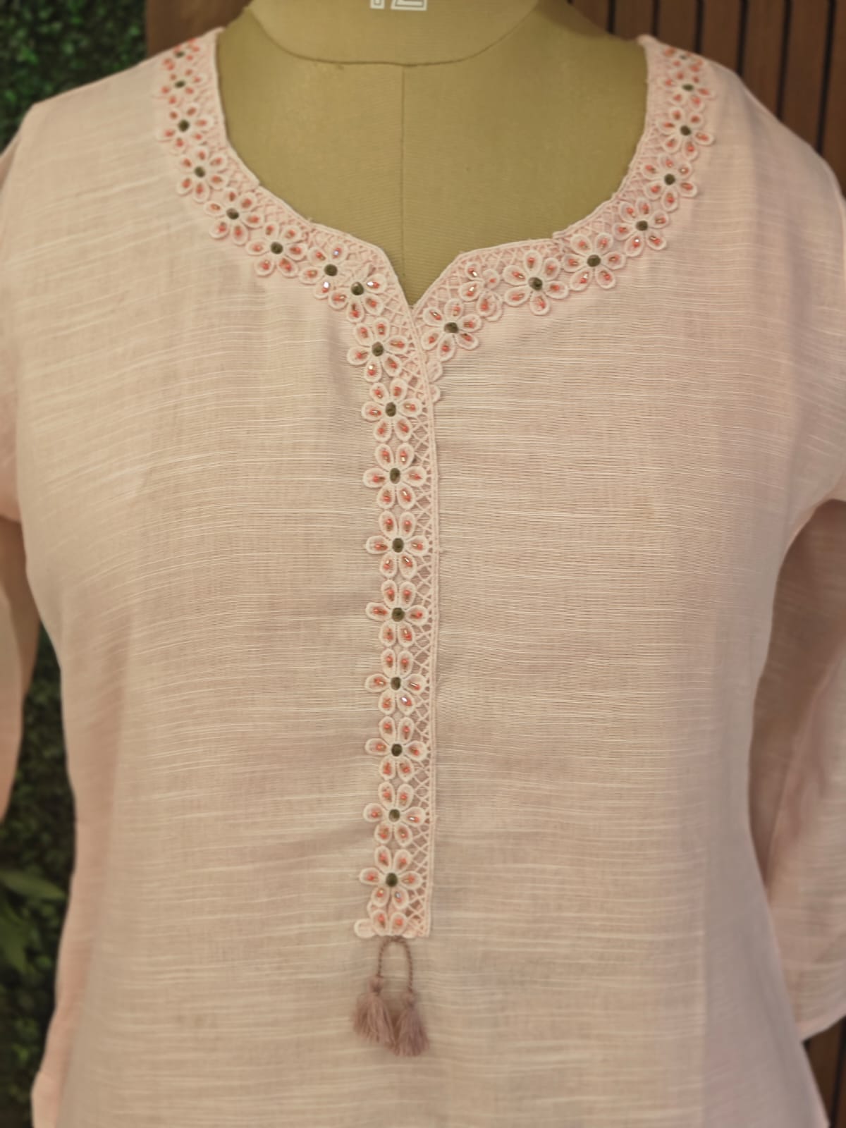 Baby Pink Linen Straight Fit Handwork Kurtha