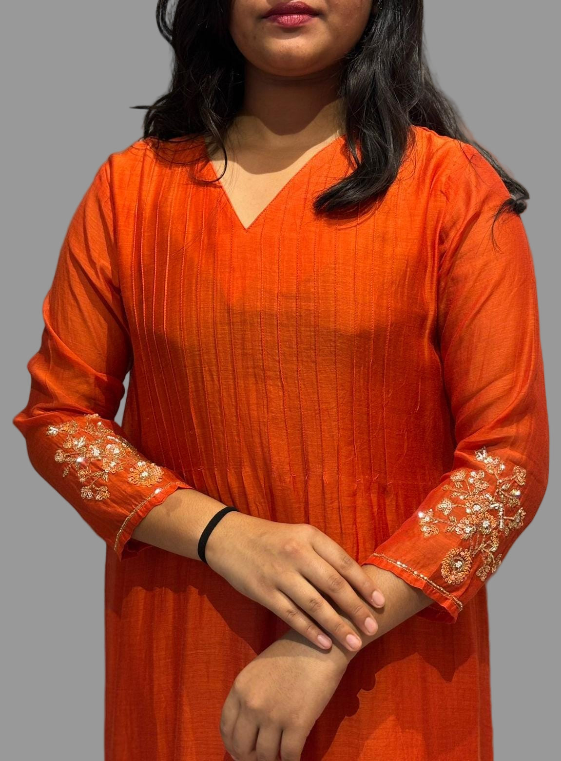 Orange Mul Chanderi Hand Embroidery Anarkali Kurtha 131